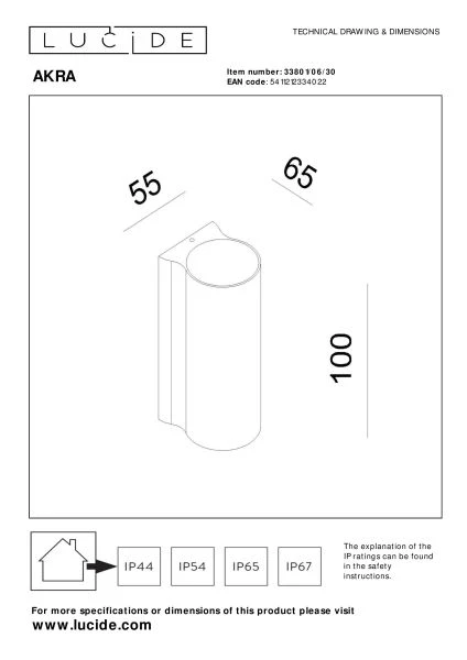 Lucide AKRA - Wandlamp Binnen/Buiten - LED - 1x6W 2700K - IP54 - Zwart - technisch